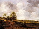 A rural landscape with peasants and a drover by a track, a village beyond by Jan van Goyen